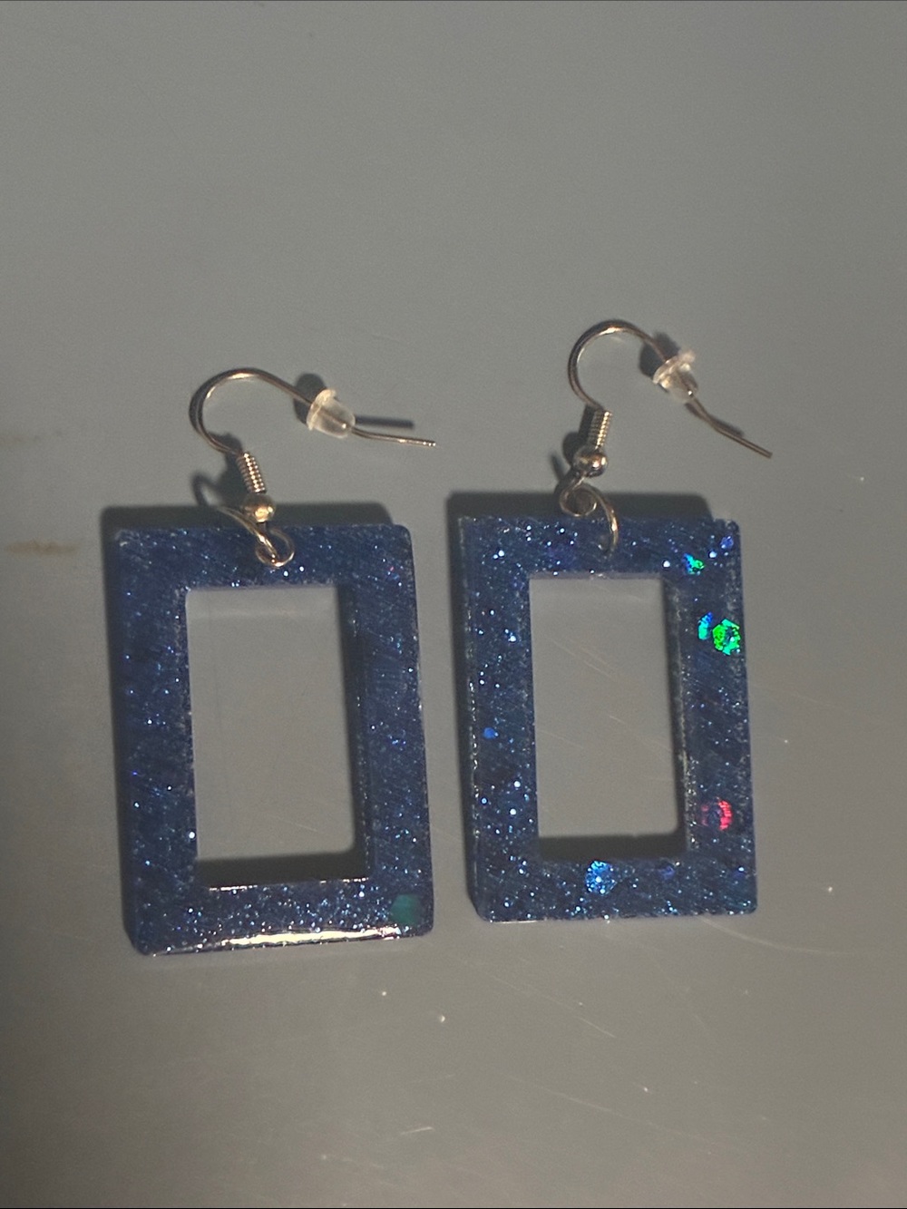 Blue Glitter Rectangular Dangle Earrings